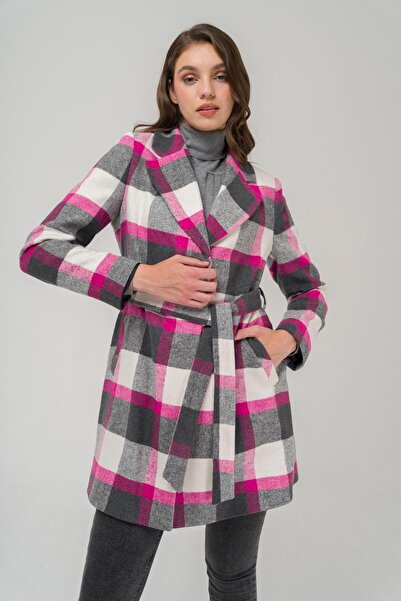 Olcay Belted Waist Lined Plaid Patterned Coat Fuchsia 3927-E