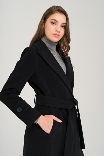 Olcay Pásek v pase, léga na rukávu, středně dlouhý kabát na patentky ČERNÁ 3912