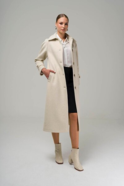 Olcay Shirt Collar Raglan Sleeve Medium Length Coat ECRU MELANGE 3945