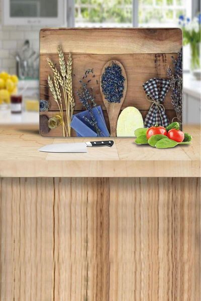 Saban 30X40 cm Glass Cutting Board Seed and Wooden Spoon