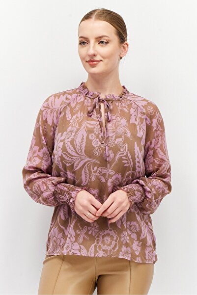 Esprit Women Tie Neck Long Sleeve Floral Print Top, Purple/Brown