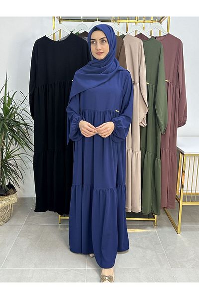 R&S modibone Indigo Two-Layer Gathered Dress and Shawl Suit - Hijap and Abaya (Suitable for Hajj and Umrah)