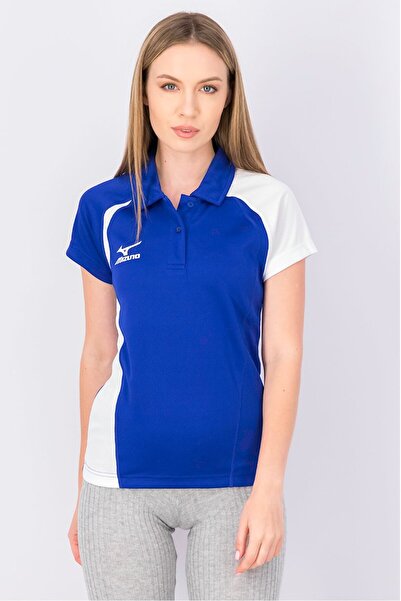 MIZUNO قميص بولو رياضي نسائي بأكمام قصيرة، أزرق وأبيض