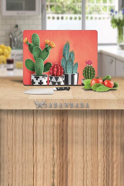 Saban 30X40 cm Glass Cutting Board with Cactus Pattern