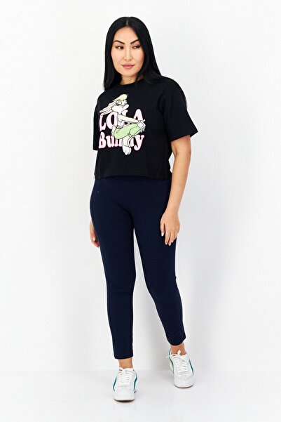 Looney Tunes Women Crew Neck Short Sleeve Graphic Top, Black Combo
