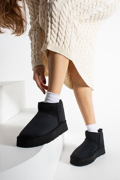 Seniorah Mely Black Suede Thick Sole Women's Boots with Fur Inside