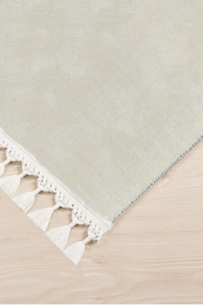 Guaj Home Puffy Peluş Post, Ponpon Saçaklı Kaymaz Taban Halı 7 Renk Gj Ekru