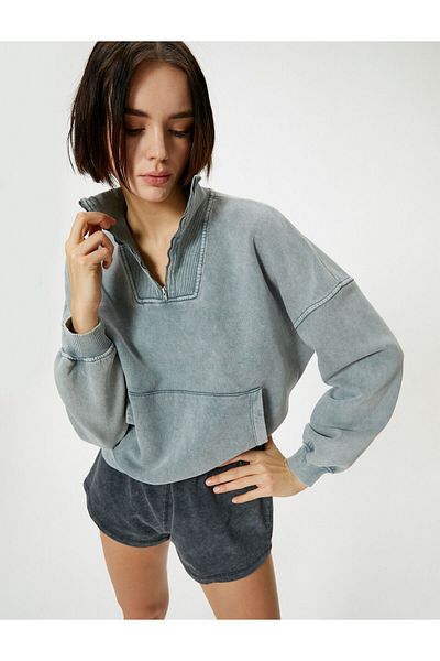 Koton Half Zipper Sweatshirt - Stand Collar - Kangaroo Pocket - Faded Effect