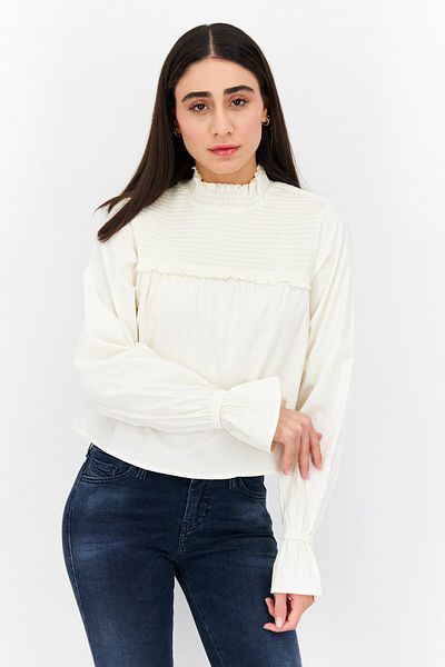 Weworewhat Women Mock Neck Long Sleeve Shirred Blouse, Ivory