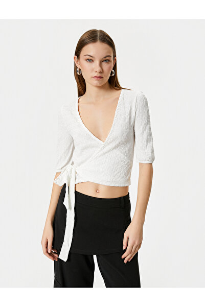 Koton Double Breasted Balloon Sleeve Crop T-Shirt Front Tie Textured