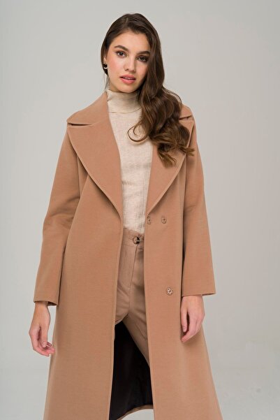 Olcay Zapínání na patentky, poloviční dvouřadý pas s páskem, středně dlouhý kabát KAMEL 3907