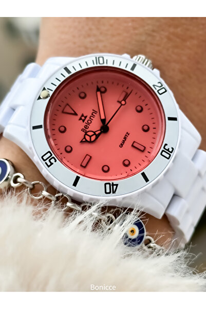 Belonni Brand Lightweight Plastic Band, White Color, Women's Wrist Watch + Bracelet