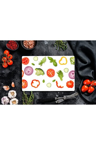 Saban لوح تقطيع زجاجي باللون الأبيض مقاس 30 × 40 سم مع الخضار