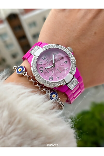 Belonni Marka Hafif Plastik Taşlı Kasa, Fuşya Renk, Kadın Kol Saati + Bileklik