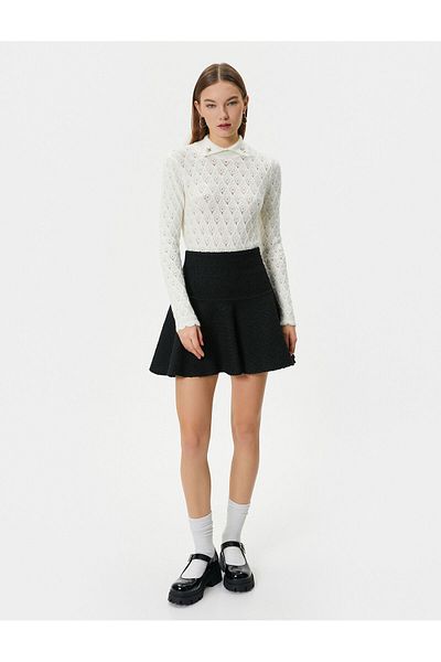 Koton Polo Collar Openwork Knitwear Sweater Slim Fit Soft Textured Pearl Brooch Detailed