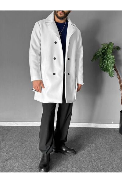 THEMANN Double Breasted Stamp Fabric White Belted Coat