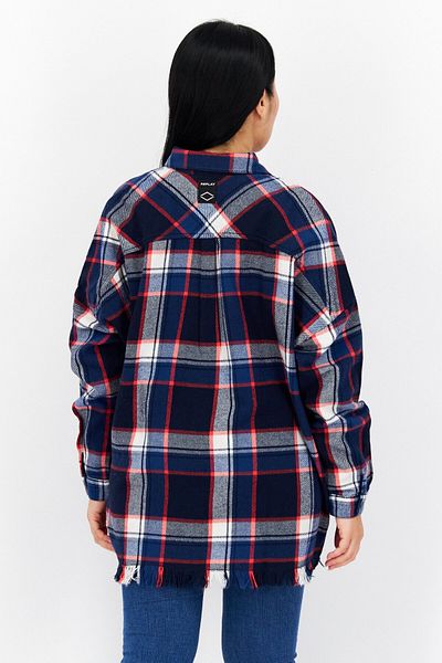 Replay Women Spread Collar Long Sleeve Plaid Shirt, Navy Blue Combo