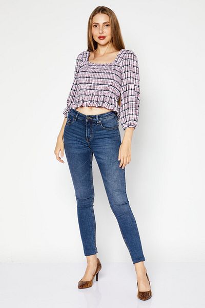 Tommy Jeans Women Square Neck Long Sleeves Checkered Cropped Top, Red Combo