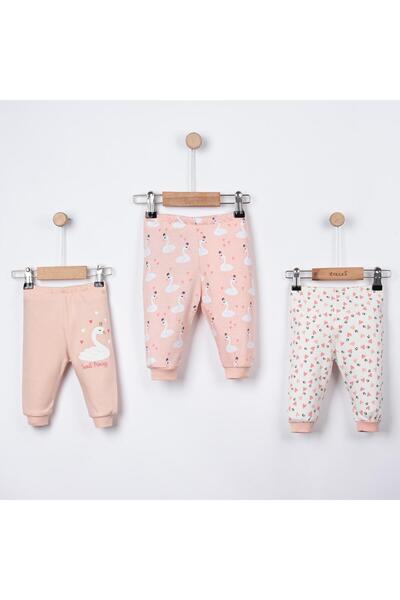 Lolons Kuğu ve Kalp Baskılı Kız Bebek Üçlü Tek Alt