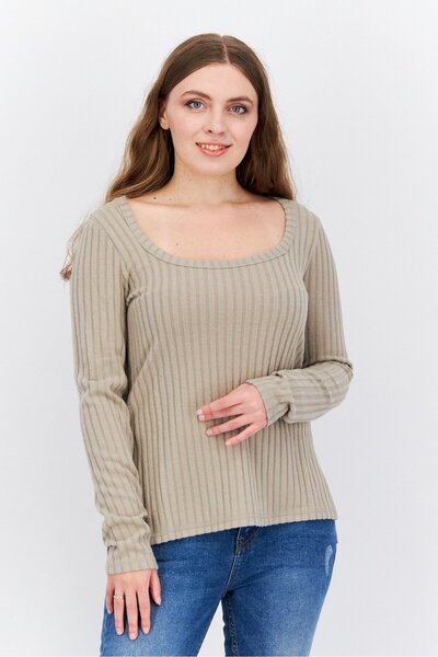 Sage Collective Women Scoop Neck Long Sleeve Ribbed Blouse, Dune