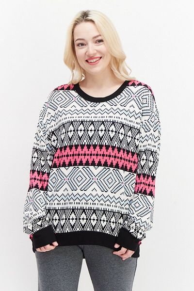 Andrew Marc Women Crew Neck Long Sleeve Aztec Pattern Sweatshirt, Off White