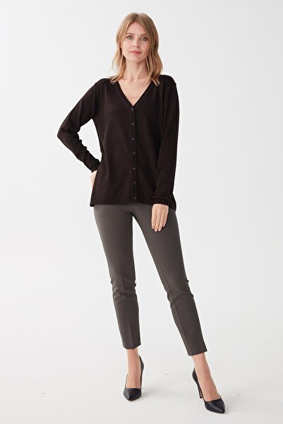 Desen Triko Women's Lycra Basic Long Sleeve V-Neck Cardigan Dark Brown