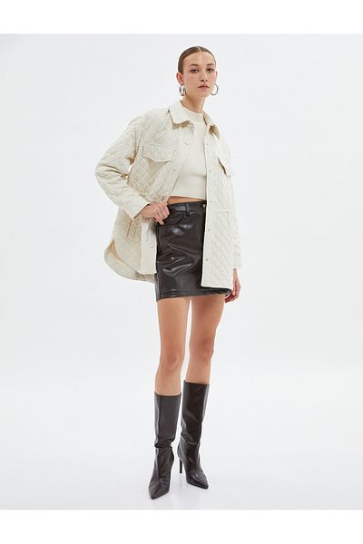 Koton Quilted Jacket with Snap Buttons Shirt Collar Pocket Detailed