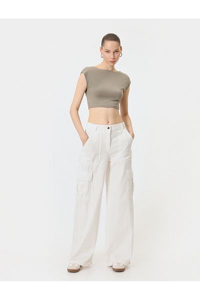 Koton Back Low-cut Crop T-shirt Cap Sleeve Round Neck