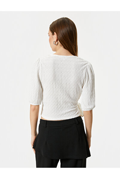 Koton Double Breasted Balloon Sleeve Crop T-Shirt Front Tie Textured
