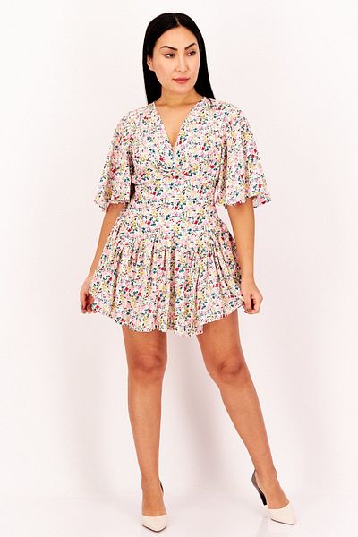 Love Triangle Women Tie Neck Short Sleeve Floral Playsuit, White Combo