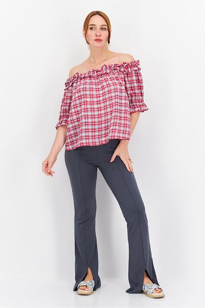 Tommy Hilfiger Women Off Shoulder Short Sleeves Checkered Print Top, Red Combo