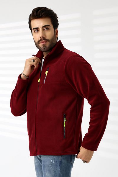 TİJA Burgundy Fleece Cardigan - Men's Anti Pilling Jacket with Zipper and Pockets