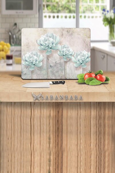 Saban 30x40 cm Cam Kesme Tahtası Mavi Çiçekler