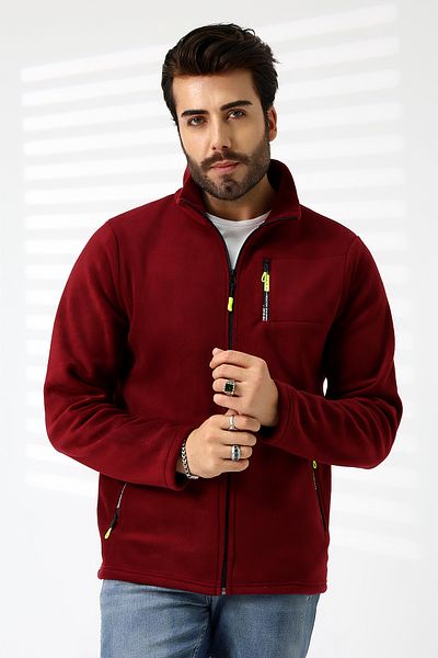 TİJA Burgundy Fleece Cardigan - Men's Anti Pilling Jacket with Zipper and Pockets