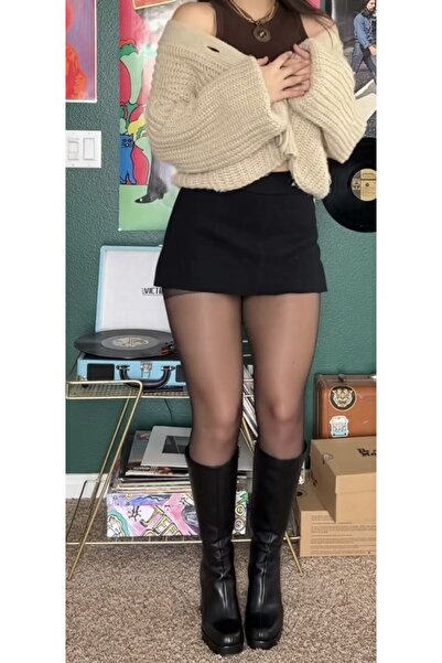 LADY HAZAL Siyah Yüksel Bel Kışlık Kloş Etek Darkalıp Içi Taytlı Şardonlu Min...