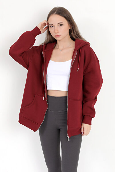 GİYSA Γυναικείο φούτερ Claret Red με φερμουάρ και κουκούλα μεγάλου μεγέθους - 9015