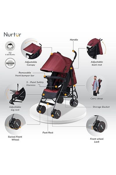Nurtur Archer Baby Stroller Lightweight Reclining Seats, Detachable Bumper  Storage Basket