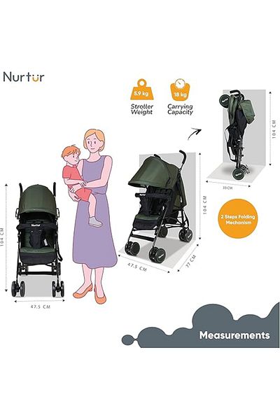 Nurtur Archer Baby Stroller Lightweight Reclining Seats Detachable Bumper Storage Basket /Green
