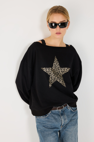 No Matter What %100  Pamuk Yıldız Desenli Kayık Yaka Sweatshirt