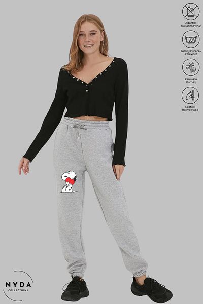 Nyda Collections Unisex Seasonal Casual μέση και πόδι με κορδόνι ελαστικό Snoopy εμπριμέ βαμβακερό γκρι φούτερ με τσέπες