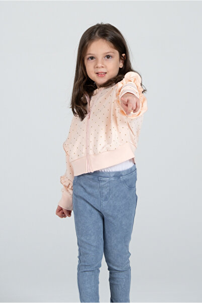 Kyron Kız Çocuk Fırfırlı Puantiyeli Kapüşonlu Pamuklu Ceket – Pudra ve Şık Tasarım
