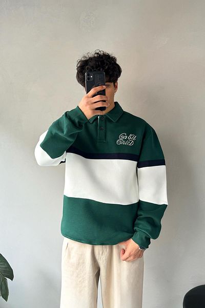 Flaw Wear Piece Embroidered Polo Neck Green Sweatshirt