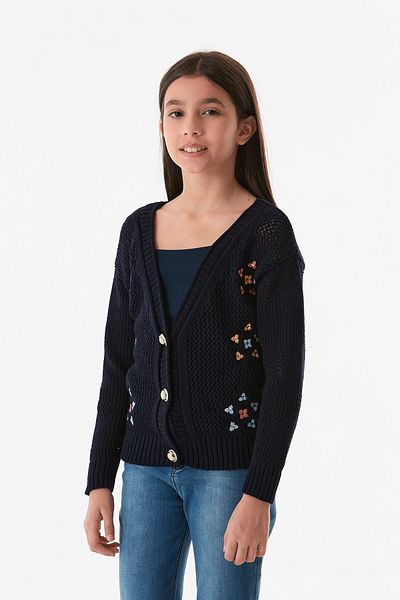 Fulla Moda Floral Embroidered Openwork Girl's Cardigan