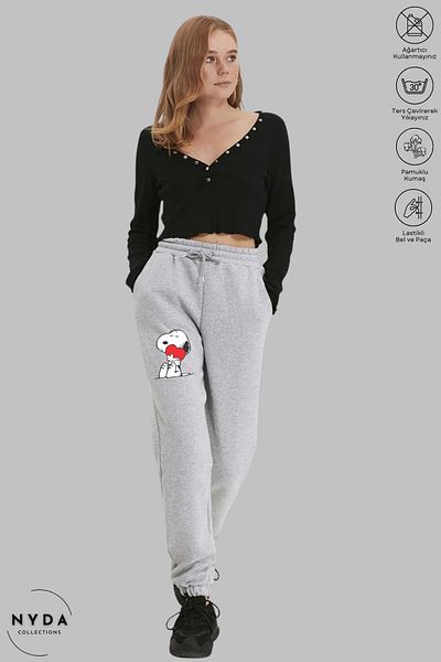 Nyda Collections Unisex Seasonal Casual μέση και πόδι με κορδόνι ελαστικό Snoopy εμπριμέ βαμβακερό γκρι φούτερ με τσέπες