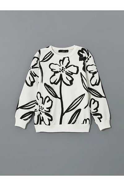 LC Waikiki Lcw Kids Ecru Crew Neck Floral Girls' Sweatshirt