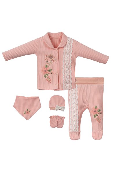 Lolons Çiçek Nakışlı Önden Çıtçıtlı Kız Bebek Beşli Set Somon