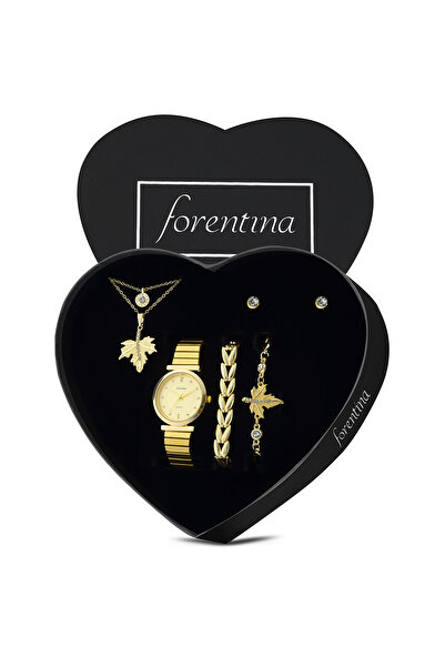 Forentina Altın Kaplama Yaprak Kolye Küpe Bileklik Saat Kombin Set PS3867