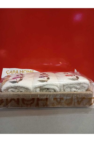 Çapa Home Gift Daily Dowery Use with Straw Basket Detail 3-Piece Cotton Towel 30 X 50