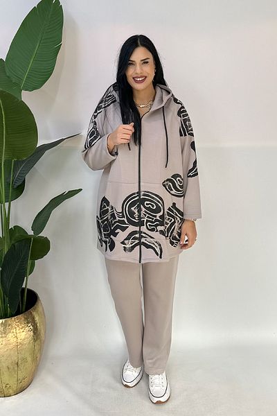 GÖKSEL Beige Plus Size Hooded Printed Suit