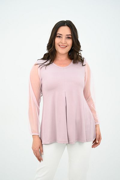 Koza Butik Γυναικεία μπλούζα με πλισέ V λαιμόκοψη με λεπτομέρειες από τούλι 1857-25